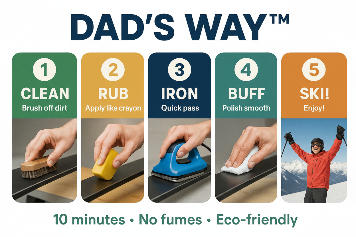 Dad's Way ski wax application method - 5 easy steps: clean base, rub wax like crayon, iron to melt, buff smooth, hit the slopes