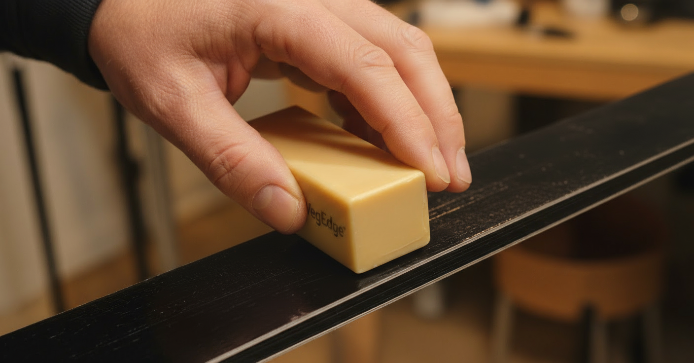 Applying VegEdge ski wax using Dad's Way crayon method on ski base