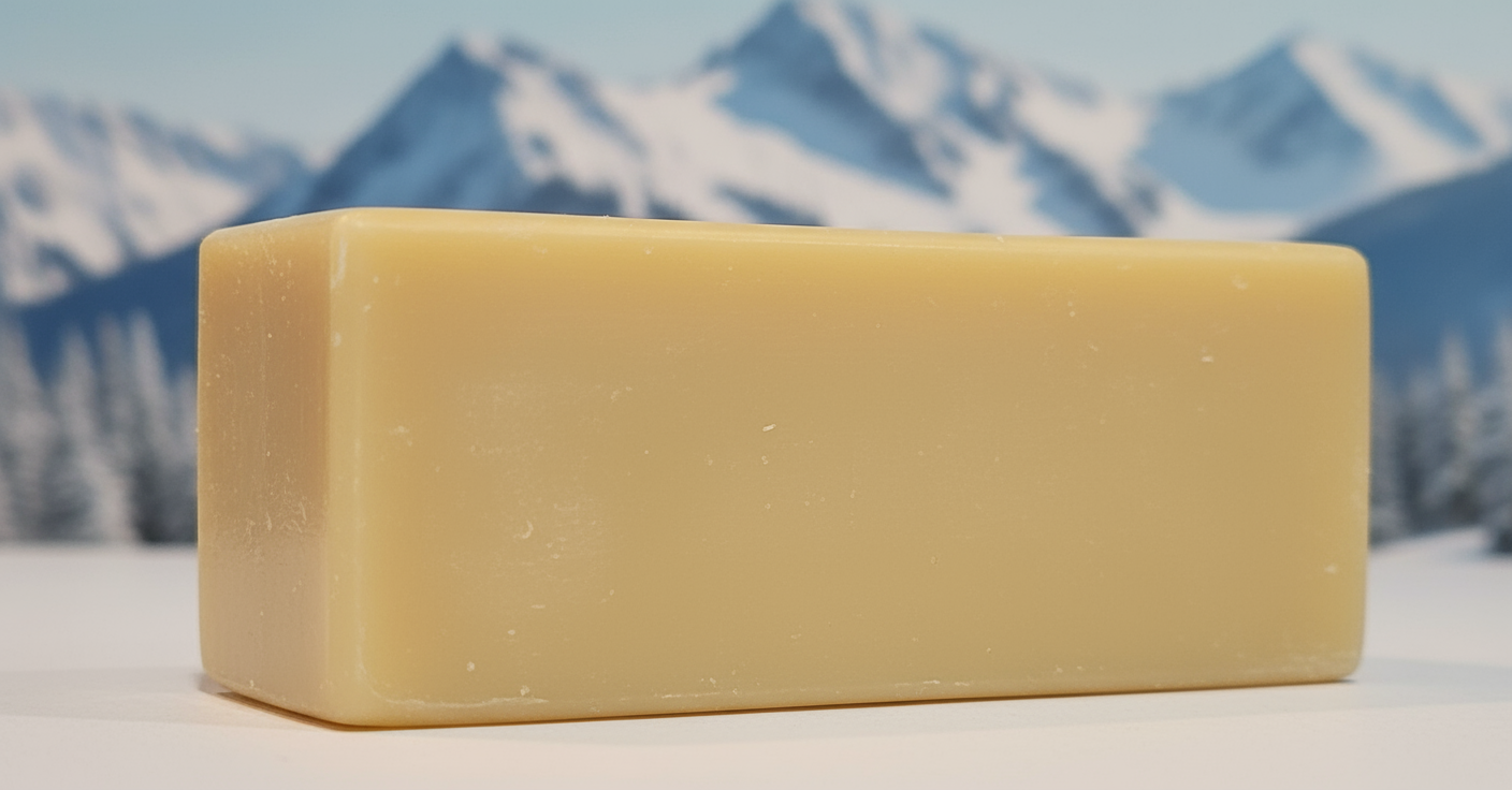 VegEdge ski wax close-up showing smooth golden tan surface and embossed logo