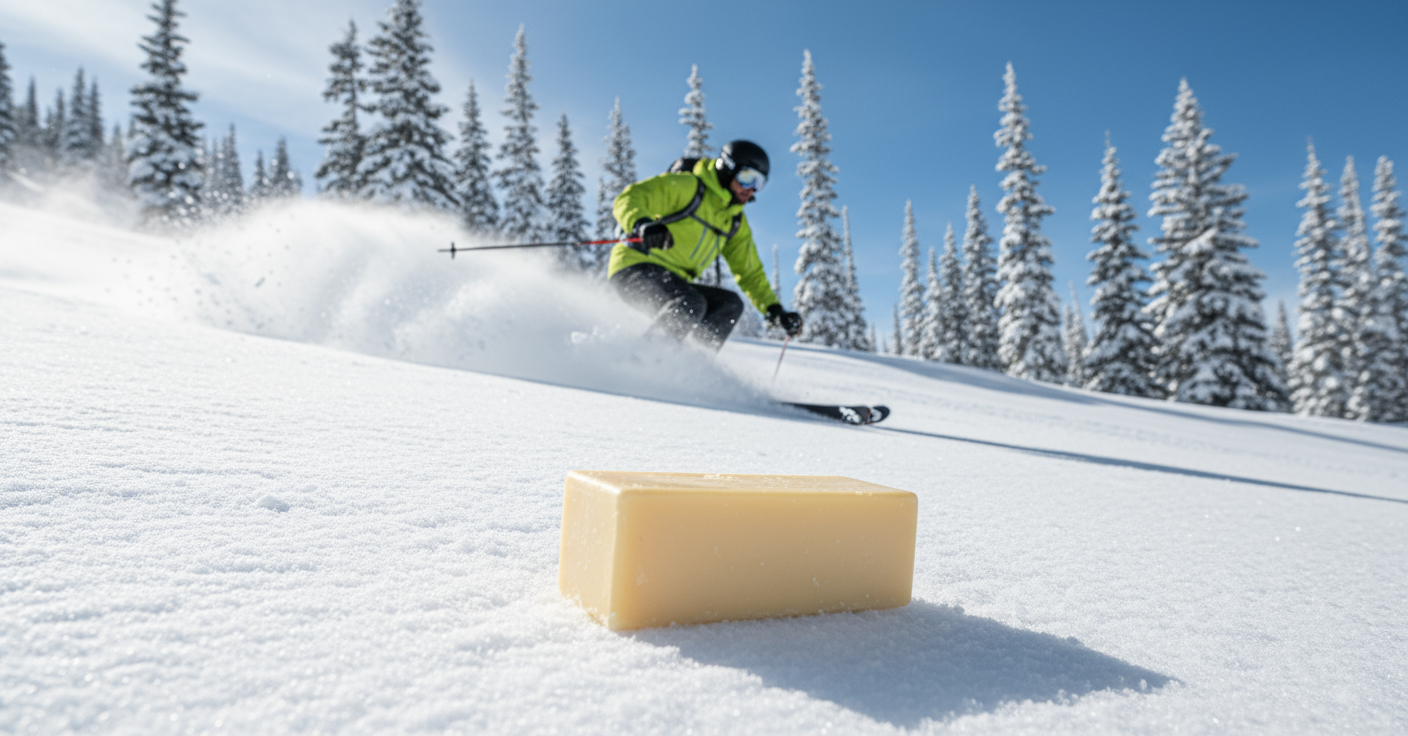 Skier carving powder with VegEdge waxed skis on mountain slope